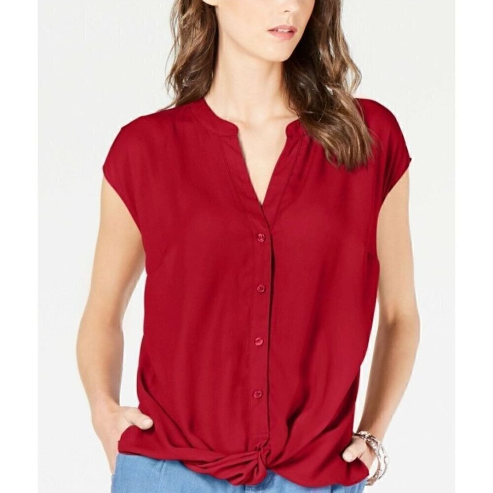 INC Women's Real Red Short Sleeve Button Down Twist V-Neck Blouse - Small
